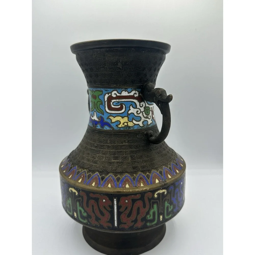 Antique Japanese Enamel Cloisonne Champleve‎ Bronze Vase 10